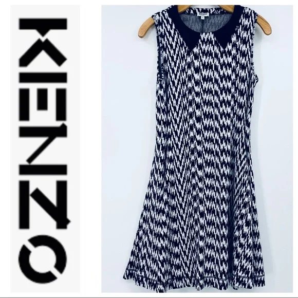 💕SALE💕Kenzo Wool Black White Noise Collar Dress - Picture 6 of 11